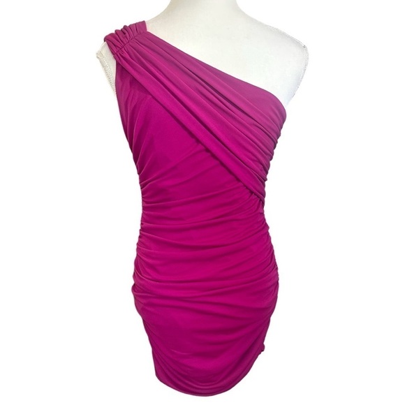 Giambattista Valli For Impulse Fuchsia Rouched Mini One Shoulder Dress Size 4 - Picture 5 of 7